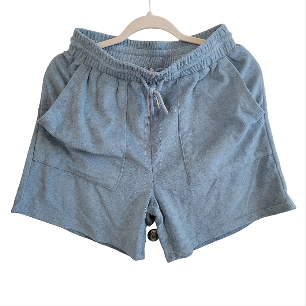 NEW ACTIVE USA Blue Gray Terrycloth High Rise Drawstring Shorts  with Pockets